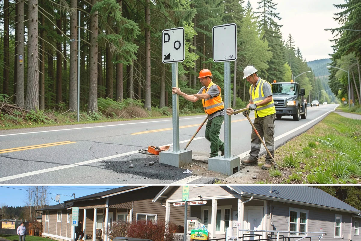Street Name Sign Installation in South Prairie, Pierce County, WA - Sign installation proceeds year-round in Western Washington, though post setting is easier outside prolonged winter saturation.