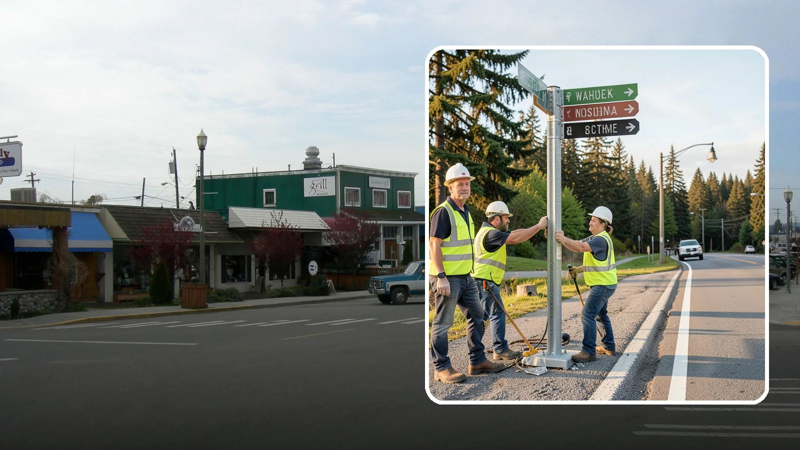 Street Name Sign Installation in Stanwood, Snohomish County, WA - Fabrication and installation of MUTCD-compliant street name signs meeting current retroreflectivity standards.