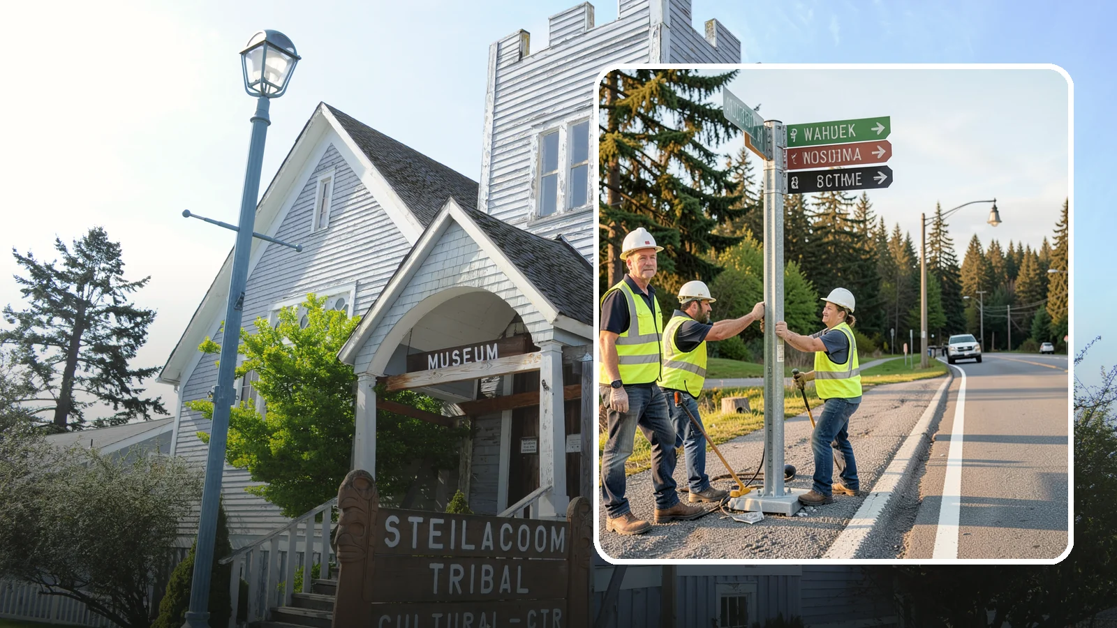 Street Name Sign Installation in Steilacoom, Pierce County, WA - Fabrication and installation of MUTCD-compliant street name signs meeting current retroreflectivity standards.