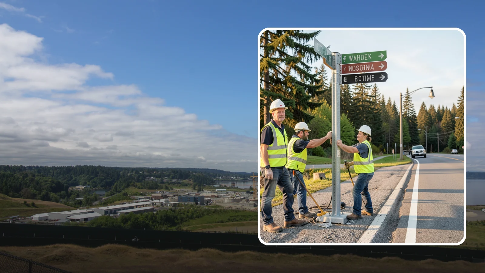 Street Name Sign Installation in University Place, Pierce County, WA - Fabrication and installation of MUTCD-compliant street name signs meeting current retroreflectivity standards.