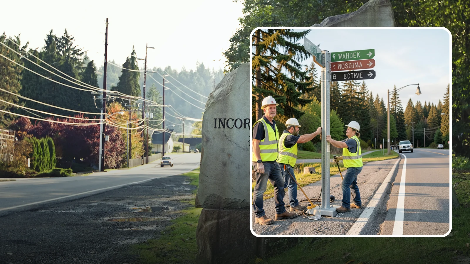 Street Name Sign Installation in Wilkeson, Pierce County, WA - Fabrication and installation of MUTCD-compliant street name signs meeting current retroreflectivity standards.