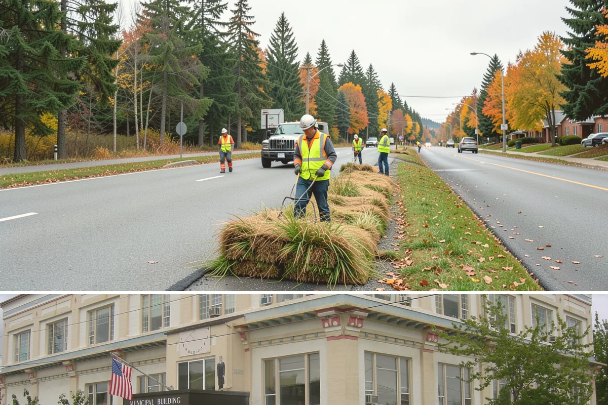Street Sweeping in Anacortes, Skagit County, WA - Sweeping intensifies during fall leaf drop and after winter sanding to recover traction grit.