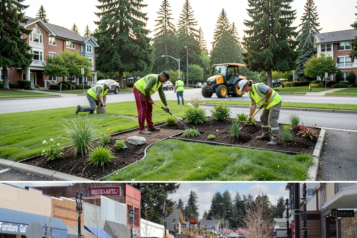 Street Sweeping in Bothell, King County, WA - Sweeping intensifies during fall leaf drop and after winter sanding to recover traction grit.