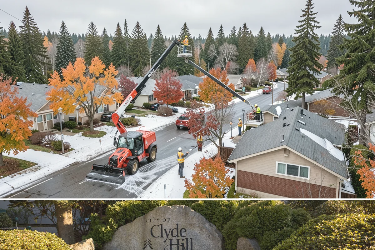 Street Sweeping in Clyde Hill, King County, WA - Sweeping intensifies during fall leaf drop and after winter sanding to recover traction grit.