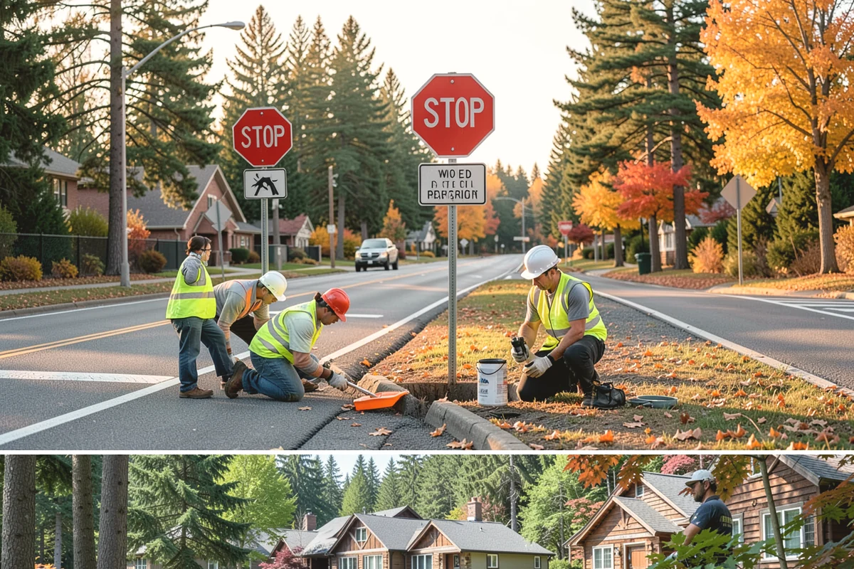 Street Sweeping in Edgewood, Pierce County, WA - Sweeping intensifies during fall leaf drop and after winter sanding to recover traction grit.