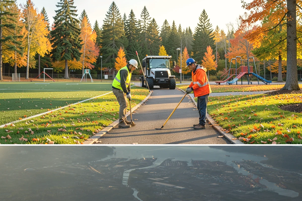 Street Sweeping in Fife, Pierce County, WA - Sweeping intensifies during fall leaf drop and after winter sanding to recover traction grit.