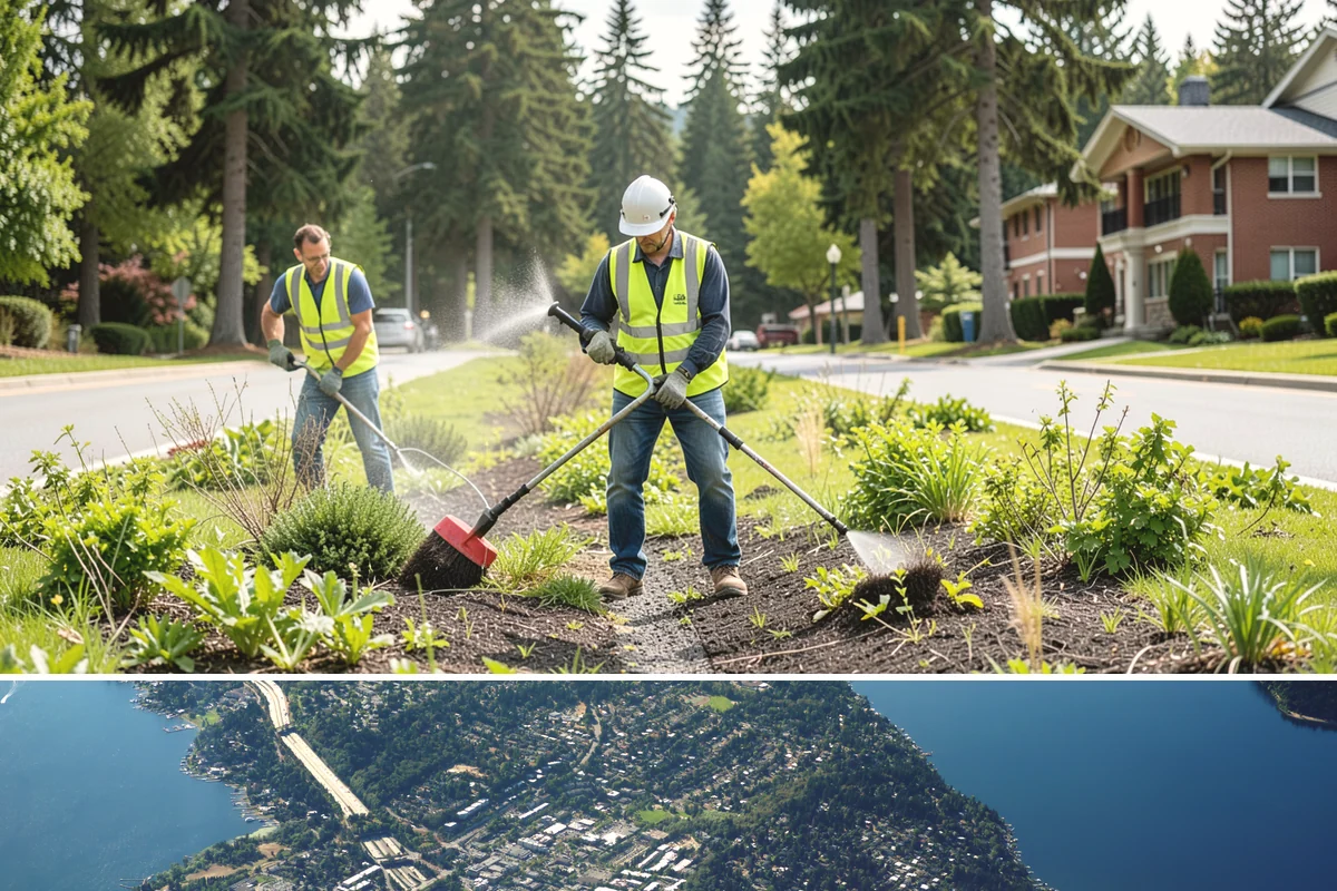 Street Sweeping in Mercer Island, King County, WA - Sweeping intensifies during fall leaf drop and after winter sanding to recover traction grit.