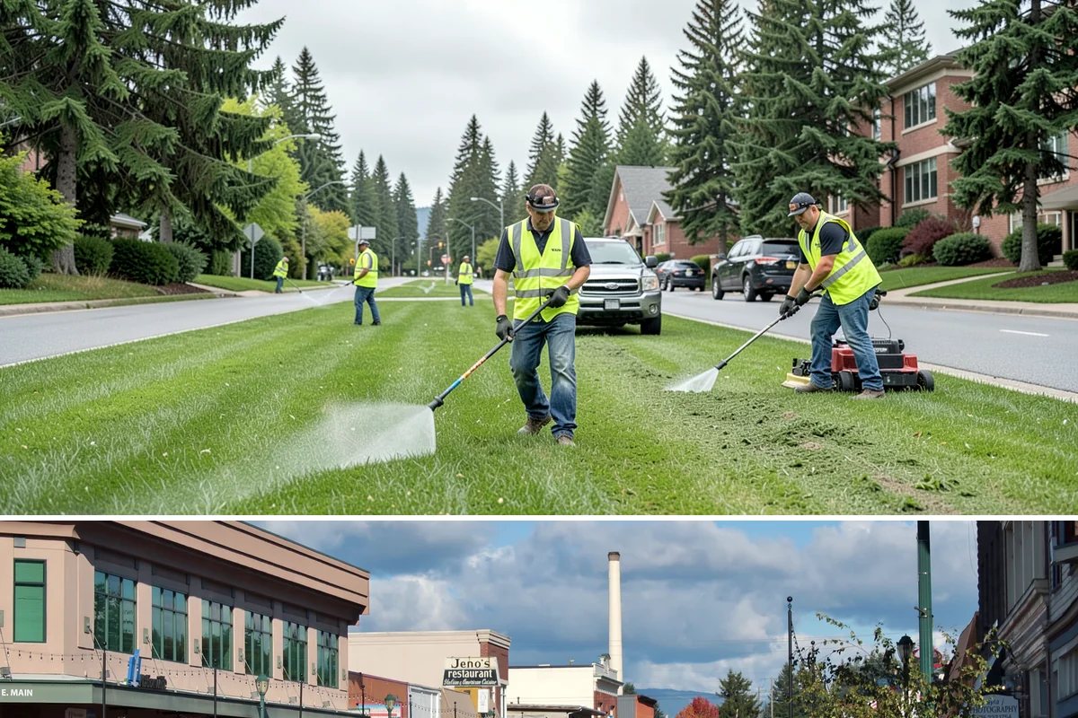 Street Sweeping in Monroe, Snohomish County, WA - Sweeping intensifies during fall leaf drop and after winter sanding to recover traction grit.