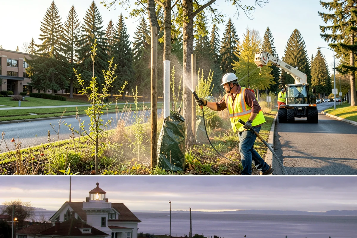 Street Sweeping in Mukilteo, Snohomish County, WA - Sweeping intensifies during fall leaf drop and after winter sanding to recover traction grit.
