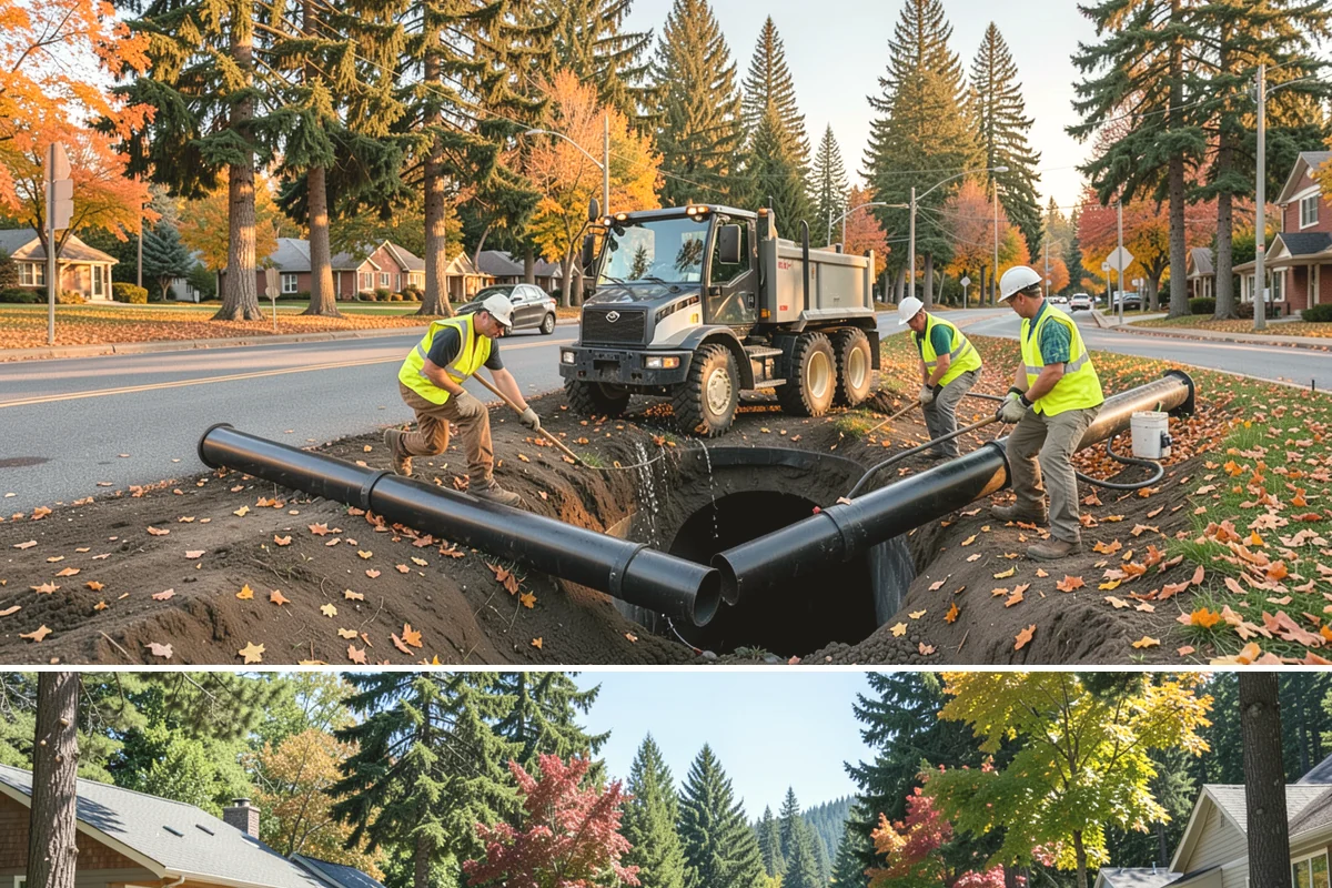Street Sweeping in Orting, Pierce County, WA - Sweeping intensifies during fall leaf drop and after winter sanding to recover traction grit.