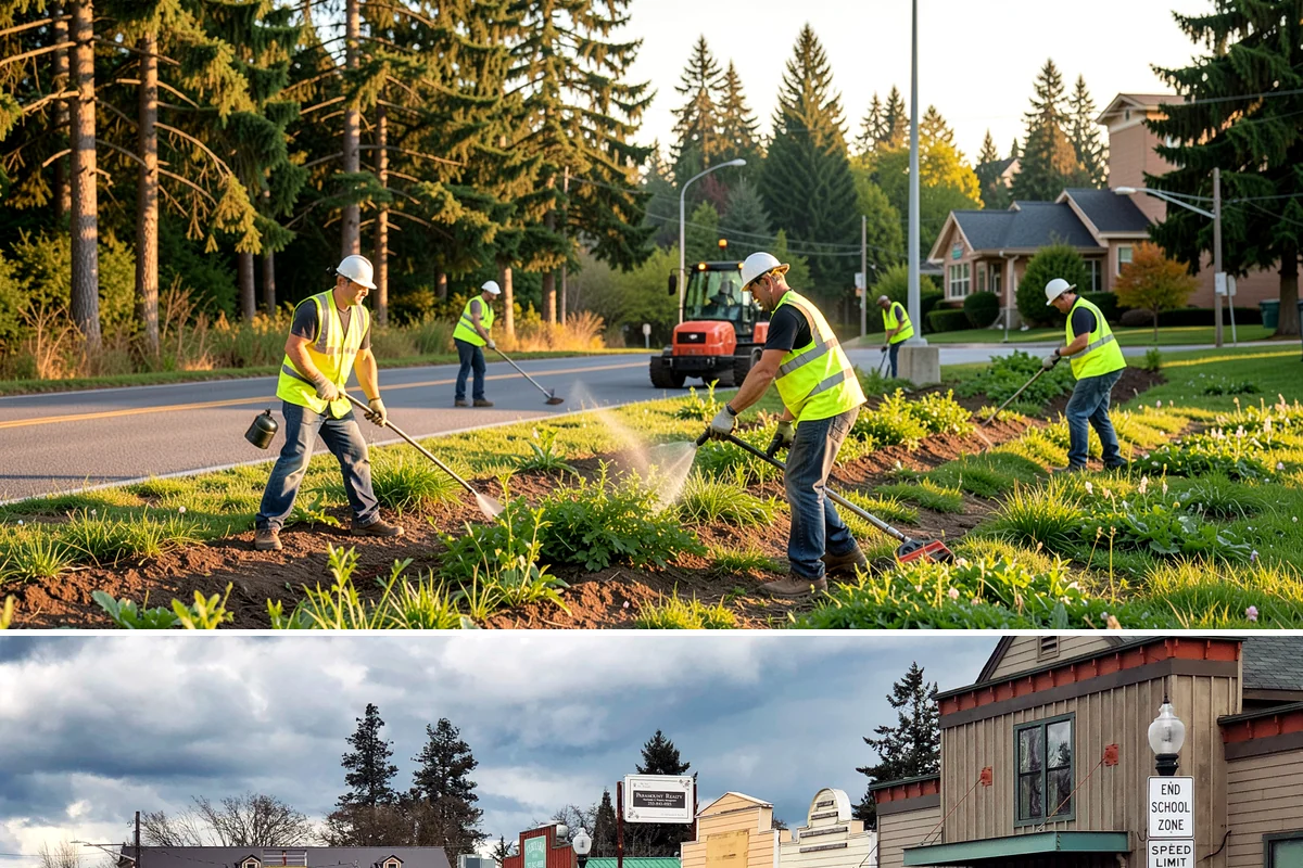 Street Sweeping in Roy, Pierce County, WA - Sweeping intensifies during fall leaf drop and after winter sanding to recover traction grit.