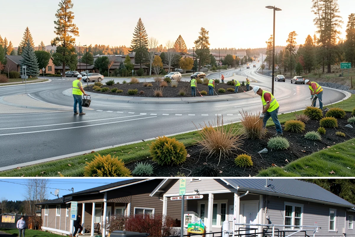 Street Sweeping in South Prairie, Pierce County, WA - Sweeping intensifies during fall leaf drop and after winter sanding to recover traction grit.