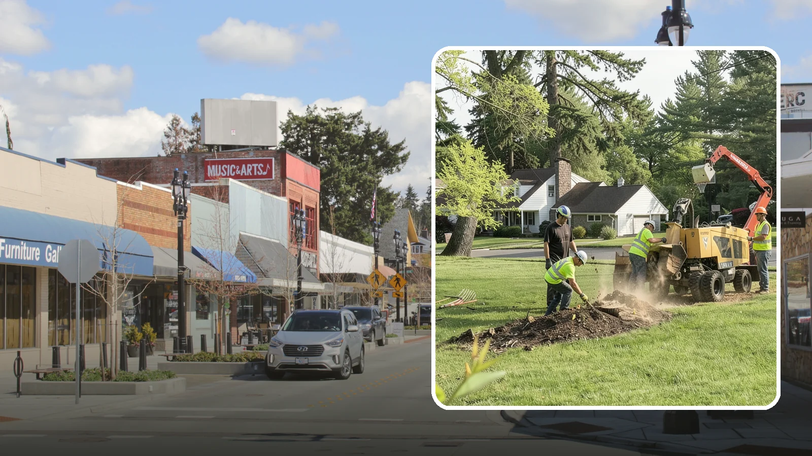 Stump Grinding in Bothell, King County, WA - Grinding of public tree stumps below grade to eliminate trip hazards and ready planting strips, wells, and turf for restoration.
