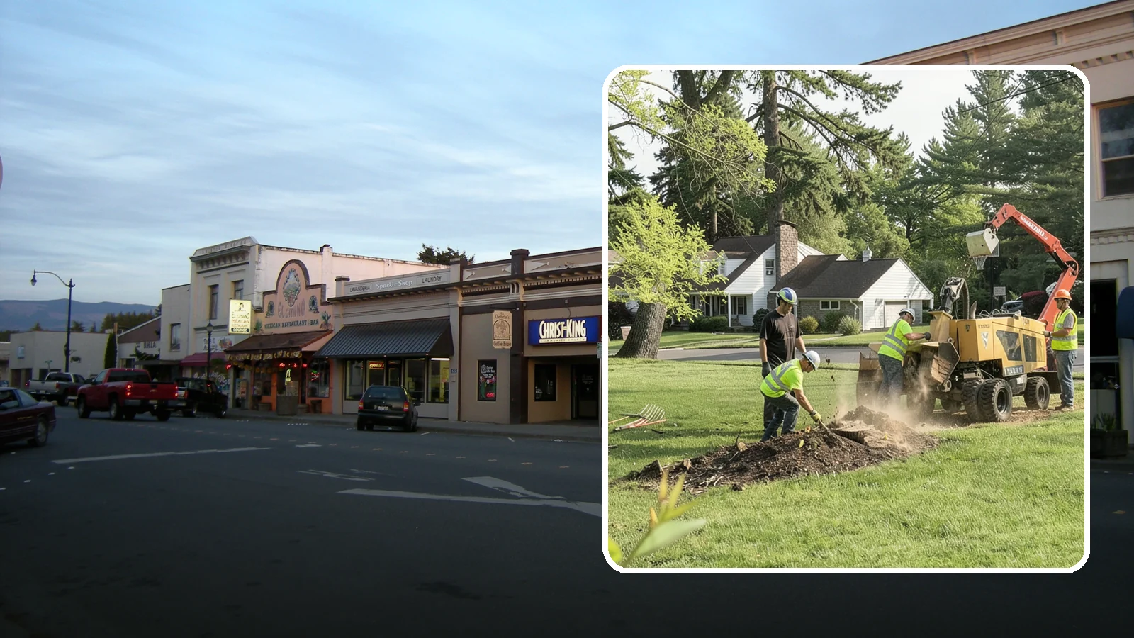 Stump Grinding in Burlington, Skagit County, WA - Grinding of public tree stumps below grade to eliminate trip hazards and ready planting strips, wells, and turf for restoration.