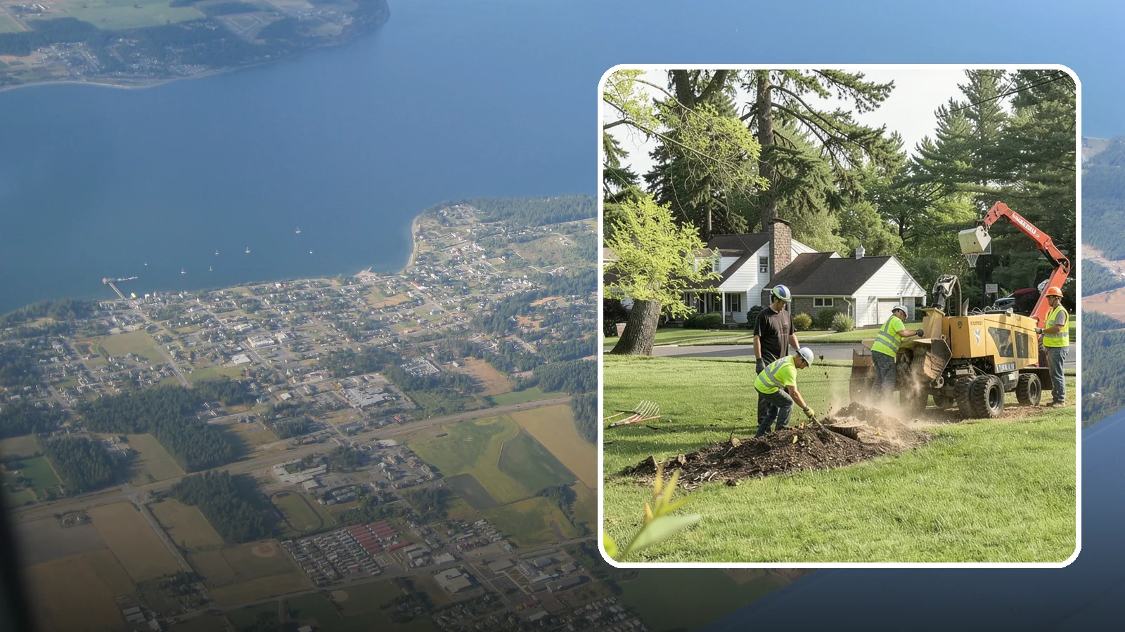 Stump Grinding in Coupeville, Island County, WA - Grinding of public tree stumps below grade to eliminate trip hazards and ready planting strips, wells, and turf for restoration.