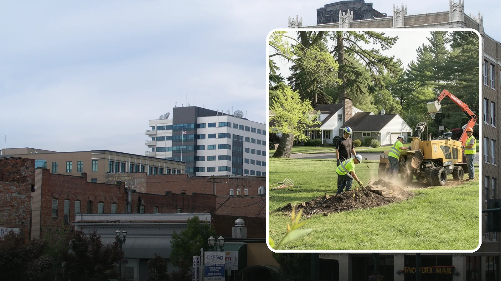 Stump Grinding in Everett, Snohomish County, WA - Grinding of public tree stumps below grade to eliminate trip hazards and ready planting strips, wells, and turf for restoration.