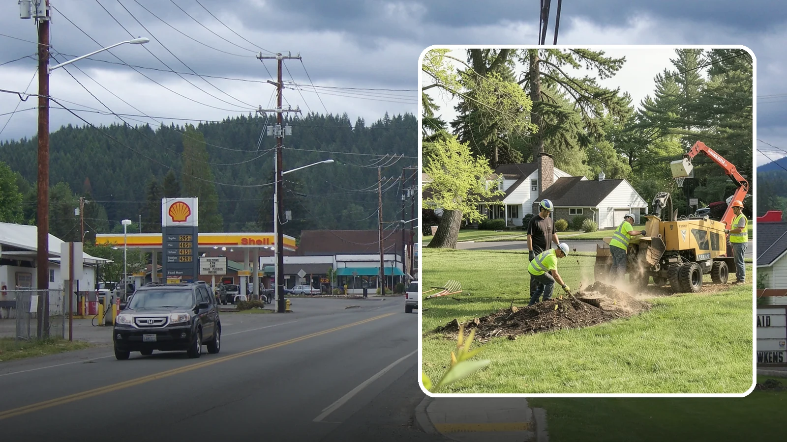 Stump Grinding in Granite Falls, Snohomish County, WA - Grinding of public tree stumps below grade to eliminate trip hazards and ready planting strips, wells, and turf for restoration.