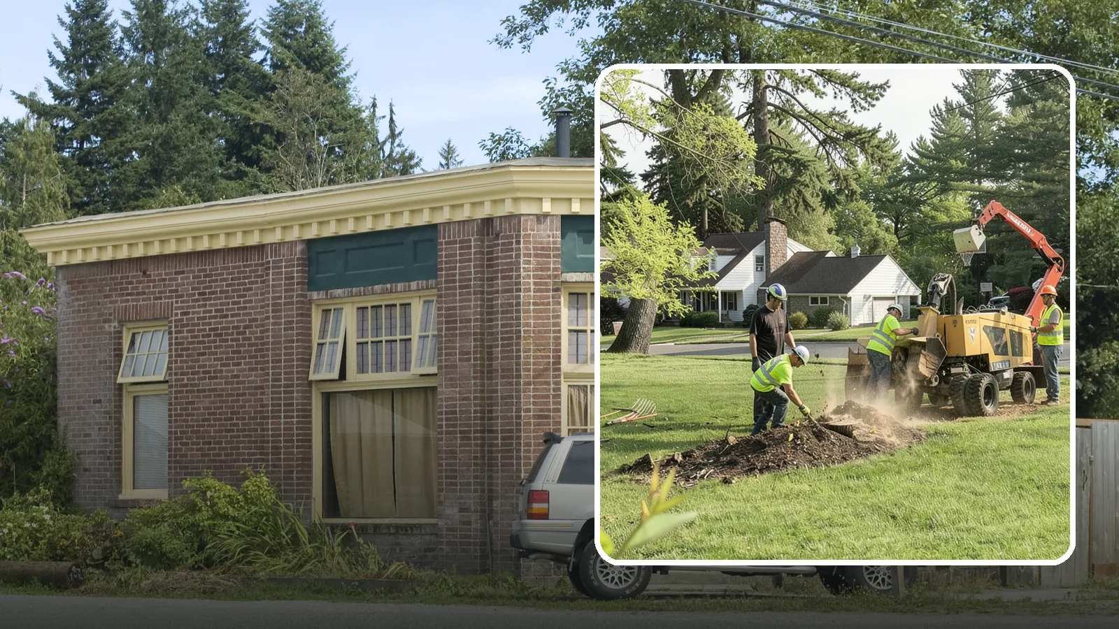 Stump Grinding in Hamilton, Skagit County, WA - Grinding of public tree stumps below grade to eliminate trip hazards and ready planting strips, wells, and turf for restoration.