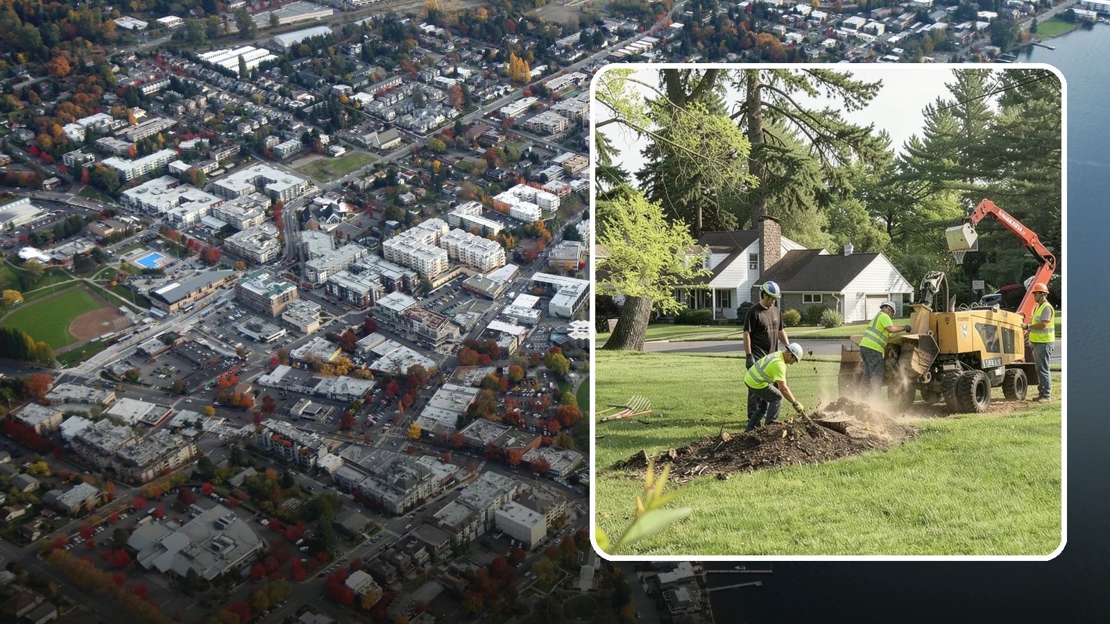 Stump Grinding in Kirkland, King County, WA - Grinding of public tree stumps below grade to eliminate trip hazards and ready planting strips, wells, and turf for restoration.