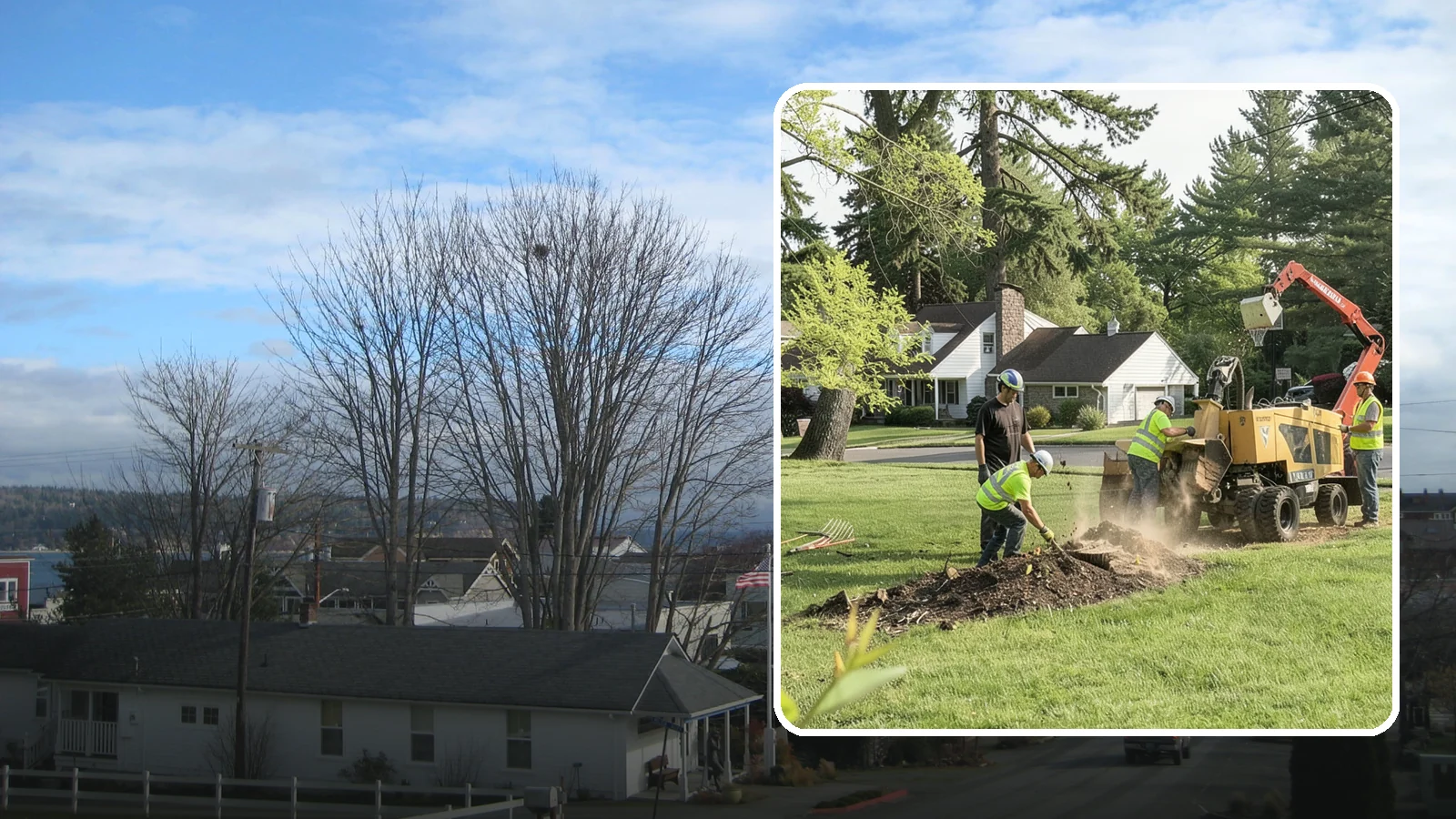 Stump Grinding in Langley, Island County, WA - Grinding of public tree stumps below grade to eliminate trip hazards and ready planting strips, wells, and turf for restoration.