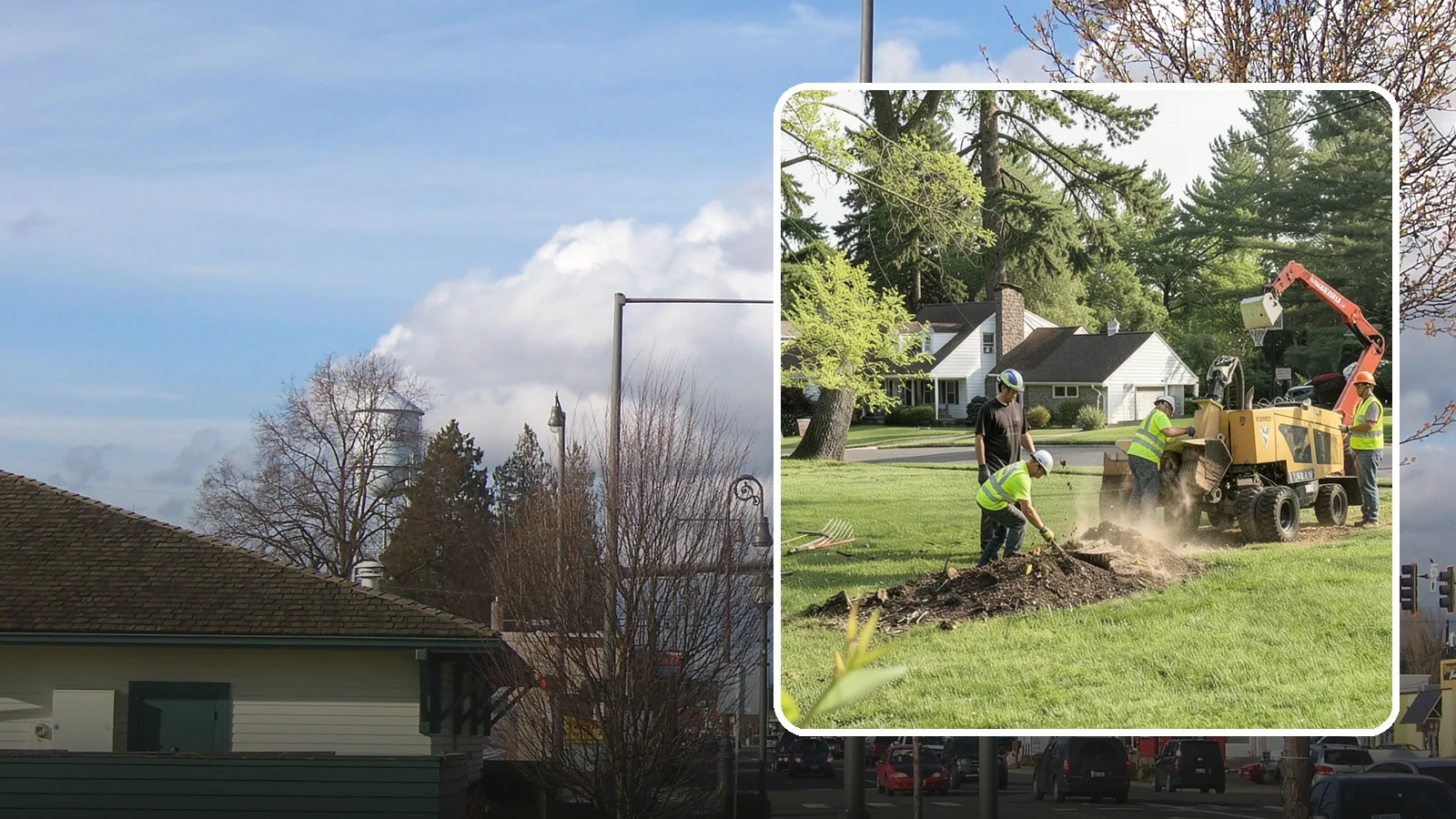 Stump Grinding in Marysville, Snohomish County, WA - Grinding of public tree stumps below grade to eliminate trip hazards and ready planting strips, wells, and turf for restoration.