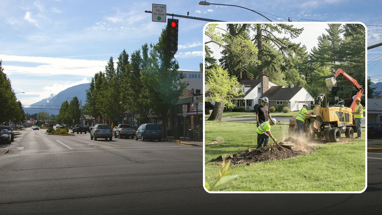 Stump Grinding in North Bend, King County, WA - Grinding of public tree stumps below grade to eliminate trip hazards and ready planting strips, wells, and turf for restoration.