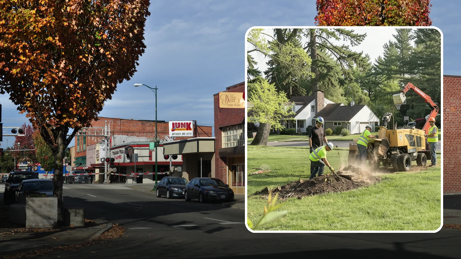 Stump Grinding in Puyallup, Pierce County, WA - Grinding of public tree stumps below grade to eliminate trip hazards and ready planting strips, wells, and turf for restoration.