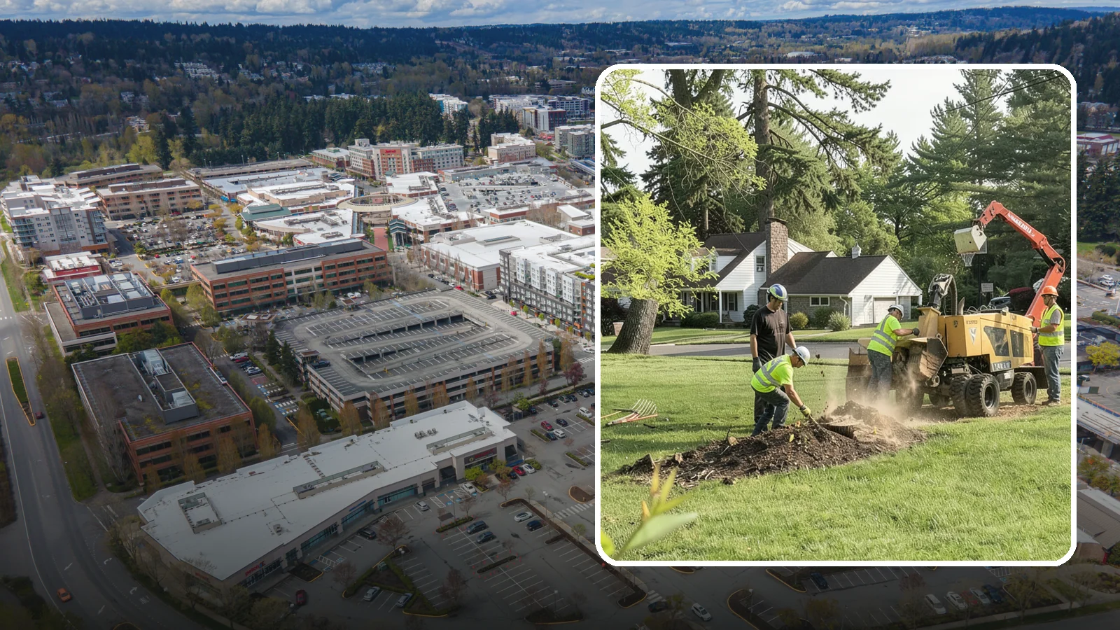 Stump Grinding in Redmond, King County, WA - Grinding of public tree stumps below grade to eliminate trip hazards and ready planting strips, wells, and turf for restoration.