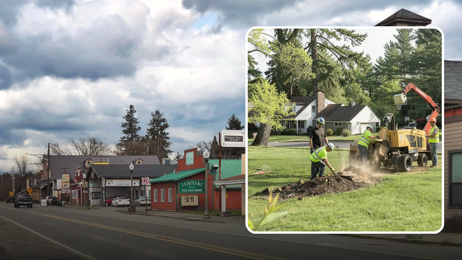 Stump Grinding in Roy, Pierce County, WA - Grinding of public tree stumps below grade to eliminate trip hazards and ready planting strips, wells, and turf for restoration.