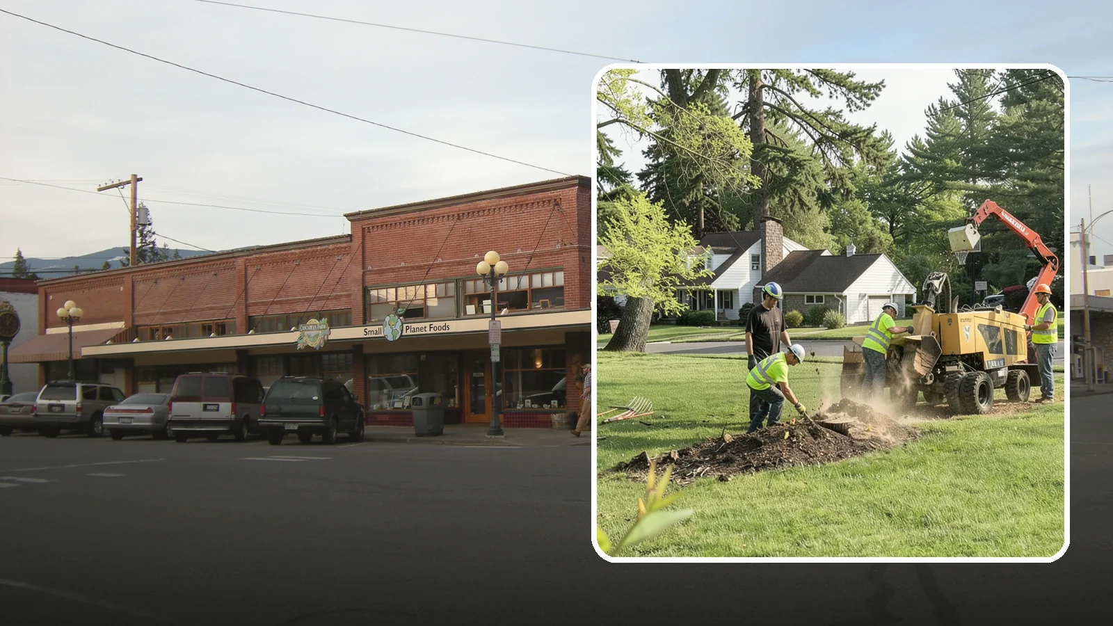 Stump Grinding in Sedro-Woolley, Skagit County, WA - Grinding of public tree stumps below grade to eliminate trip hazards and ready planting strips, wells, and turf for restoration.