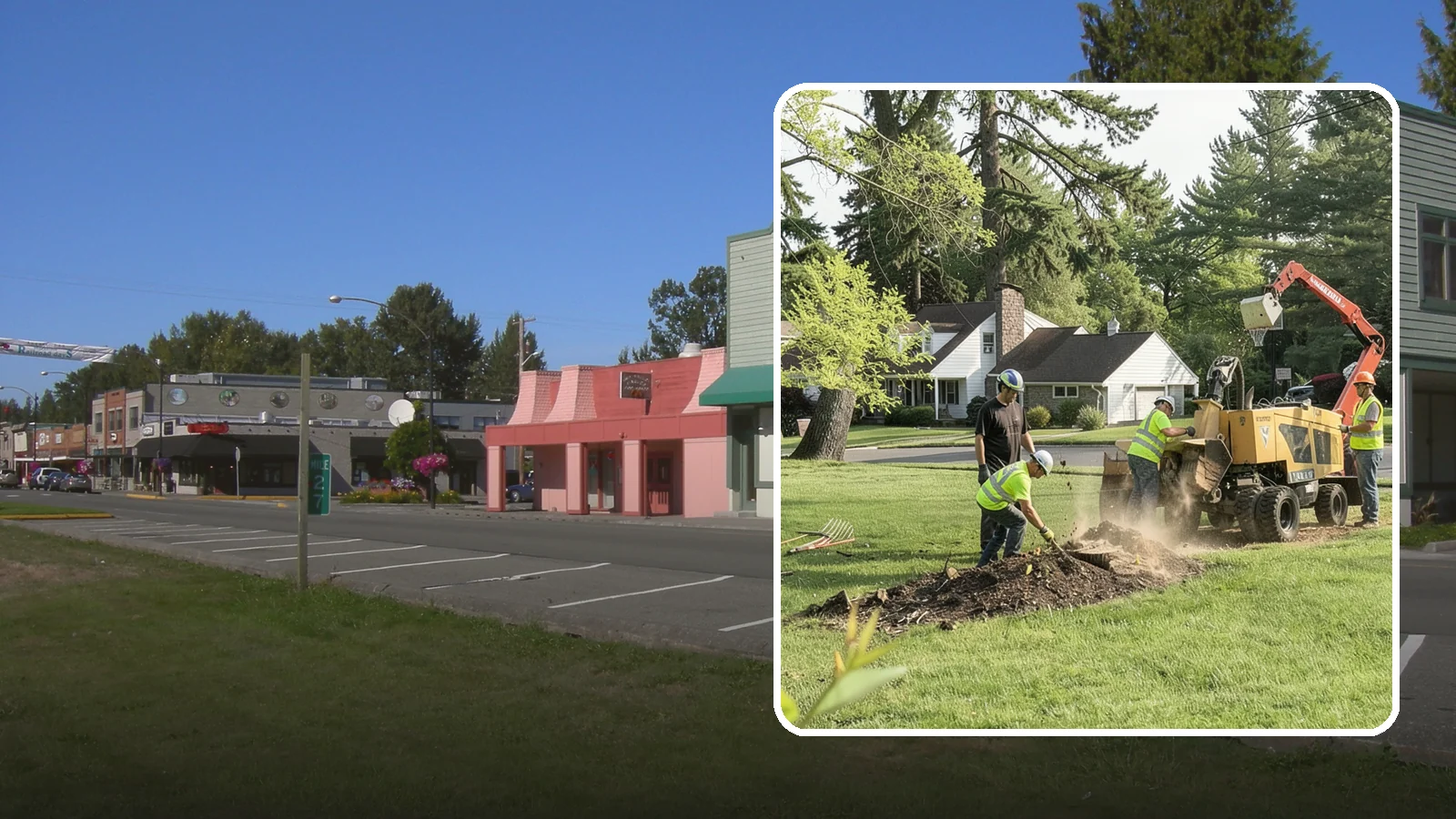 Stump Grinding in Snoqualmie, King County, WA - Grinding of public tree stumps below grade to eliminate trip hazards and ready planting strips, wells, and turf for restoration.