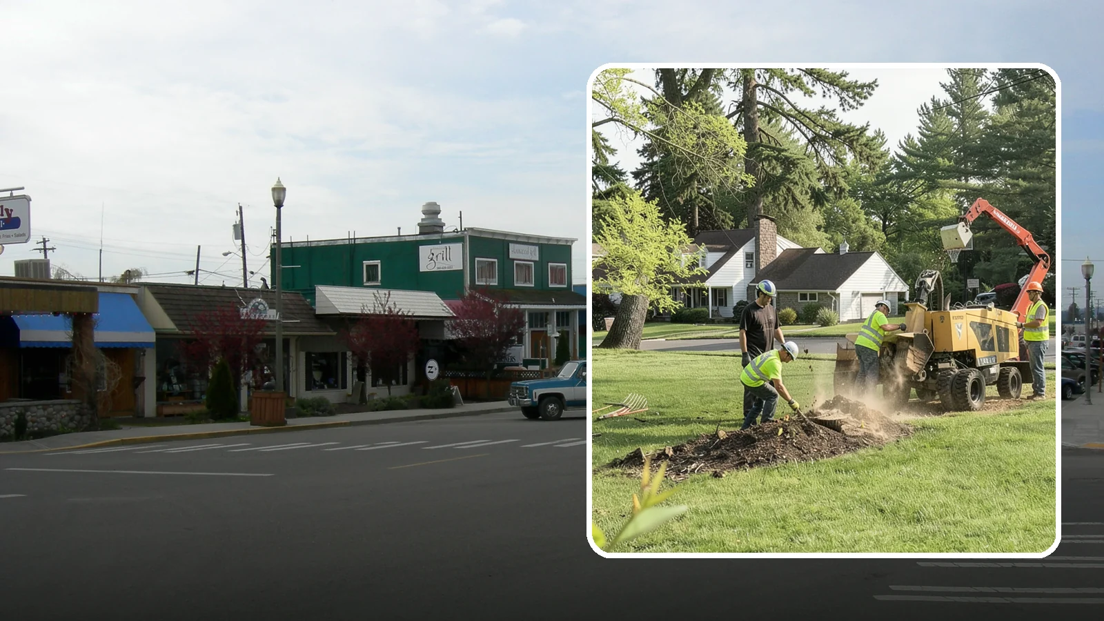 Stump Grinding in Stanwood, Snohomish County, WA - Grinding of public tree stumps below grade to eliminate trip hazards and ready planting strips, wells, and turf for restoration.