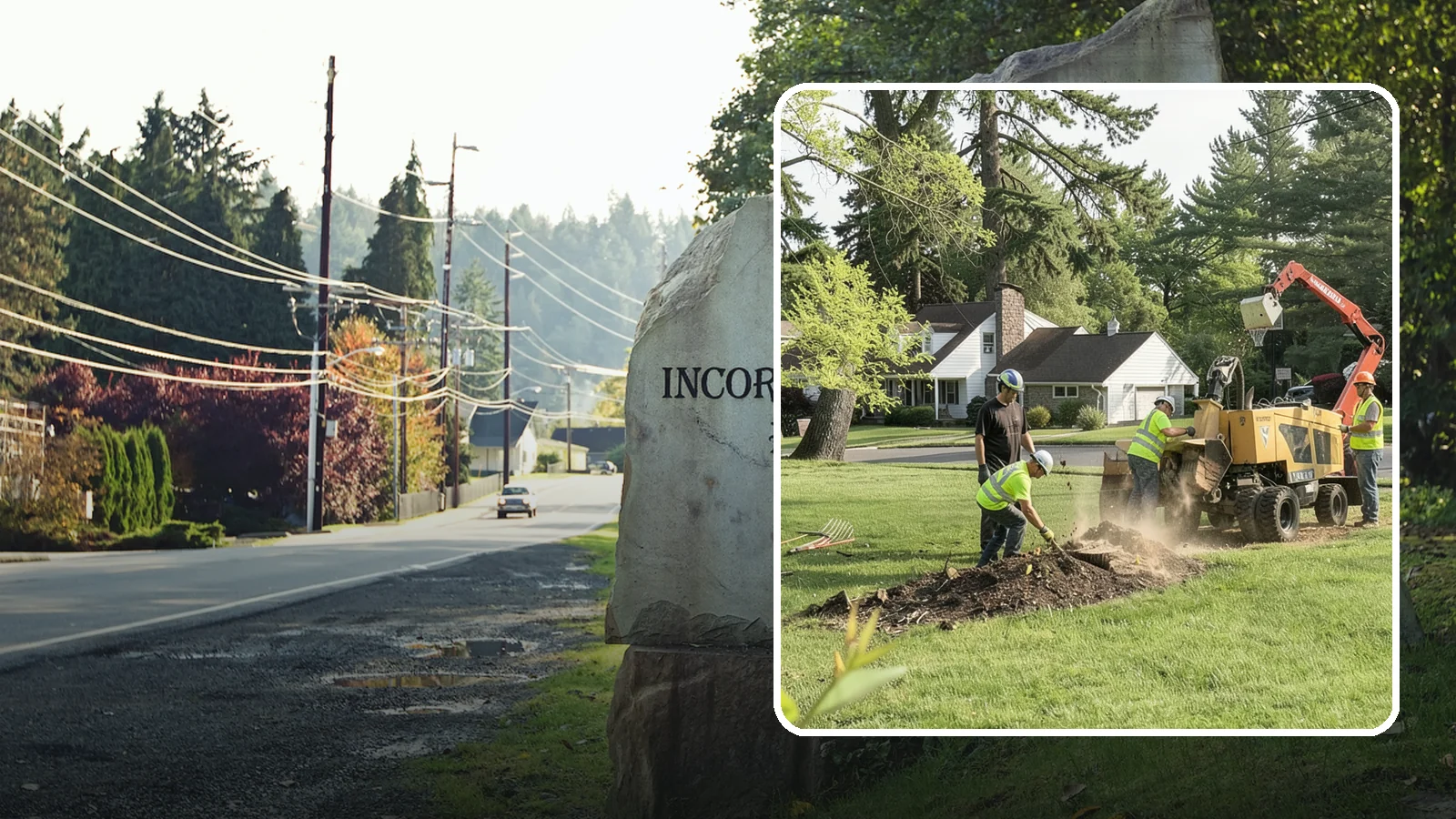 Stump Grinding in Wilkeson, Pierce County, WA - Grinding of public tree stumps below grade to eliminate trip hazards and ready planting strips, wells, and turf for restoration.
