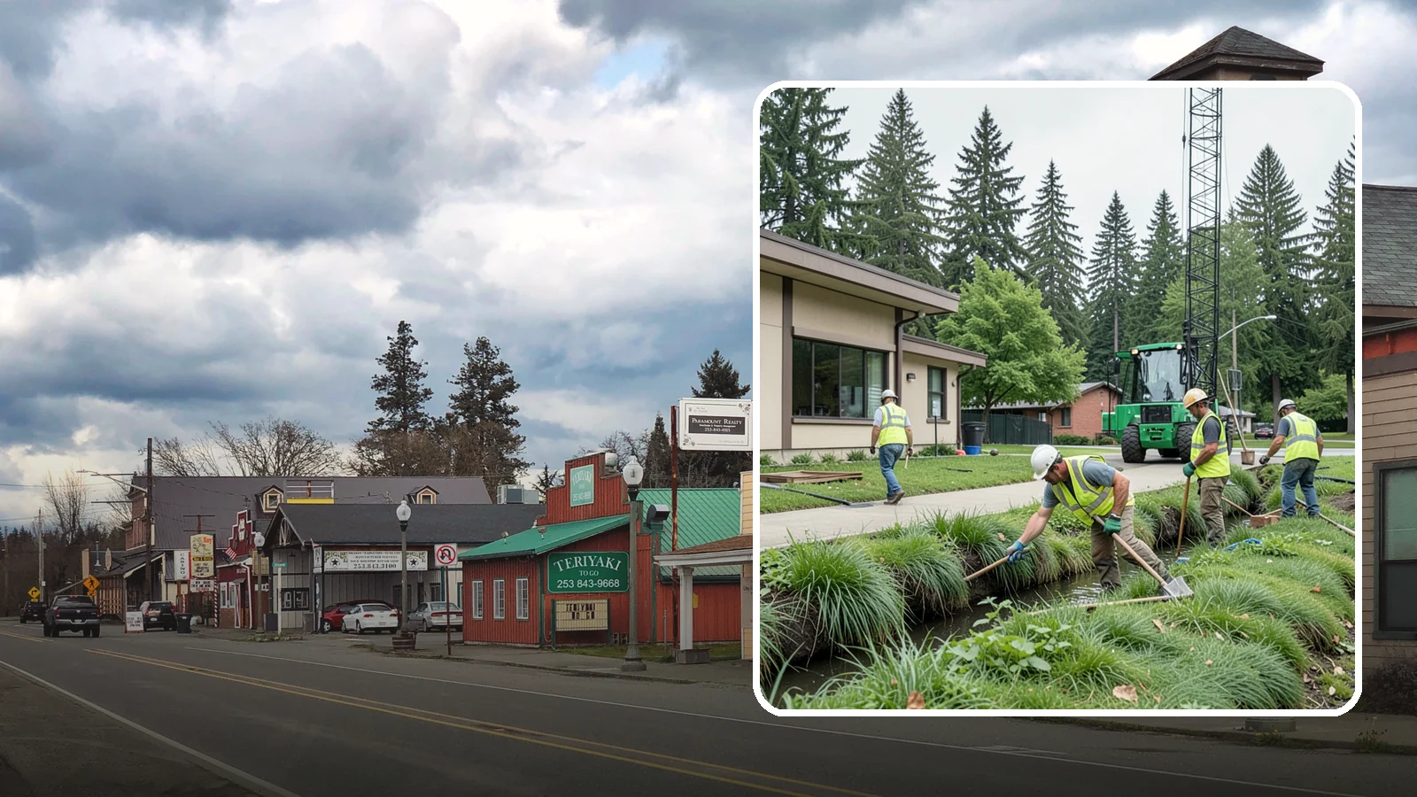 Swale Maintenance in Roy, Pierce County, WA - Bioswale and grassed swale maintenance that preserves stormwater treatment performance and conveyance capacity.