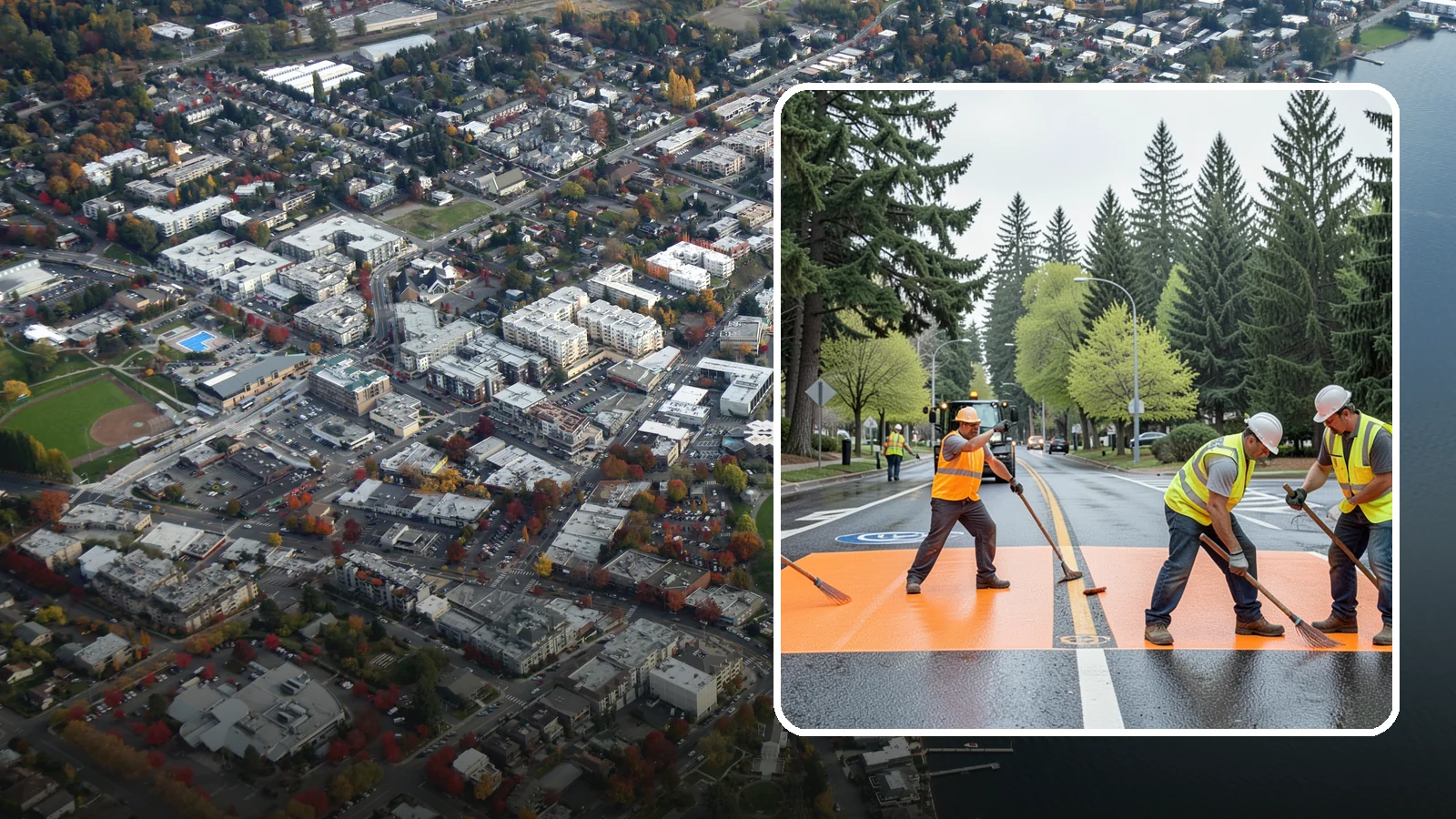 Thermoplastic Marking in Kirkland, King County, WA - Application of durable thermoplastic pavement markings for crosswalks, stop bars, and lane lines on public roadways.