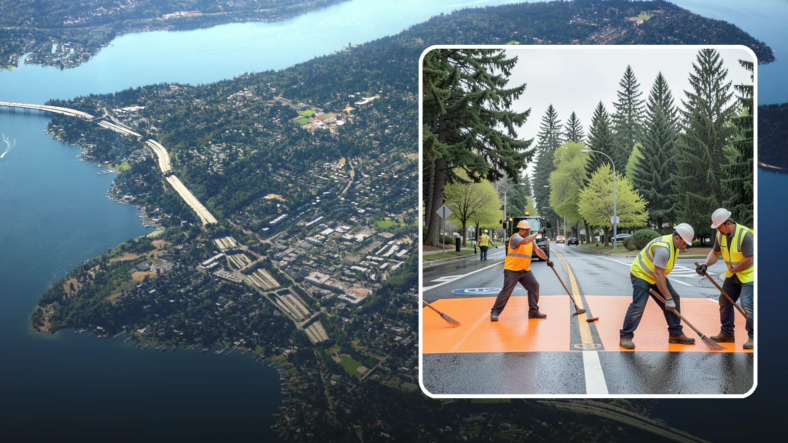 Thermoplastic Marking in Mercer Island, King County, WA - Application of durable thermoplastic pavement markings for crosswalks, stop bars, and lane lines on public roadways.