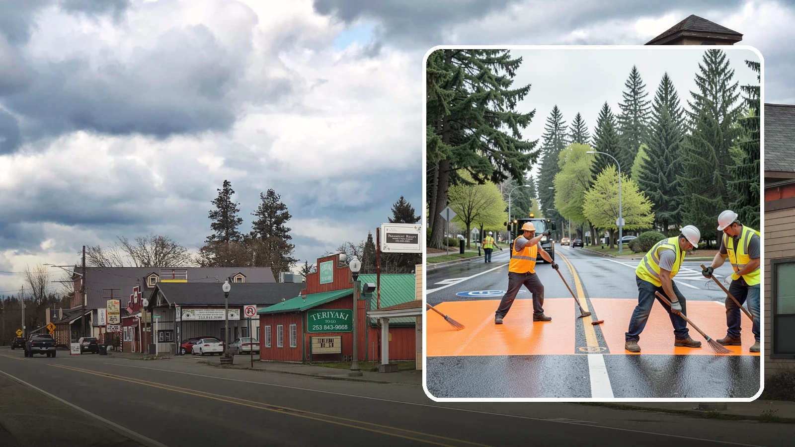 Thermoplastic Marking in Roy, Pierce County, WA - Application of durable thermoplastic pavement markings for crosswalks, stop bars, and lane lines on public roadways.