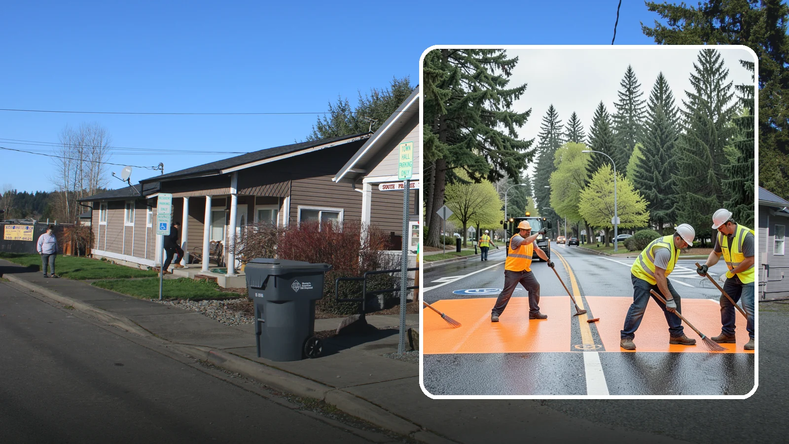 Thermoplastic Marking in South Prairie, Pierce County, WA - Application of durable thermoplastic pavement markings for crosswalks, stop bars, and lane lines on public roadways.