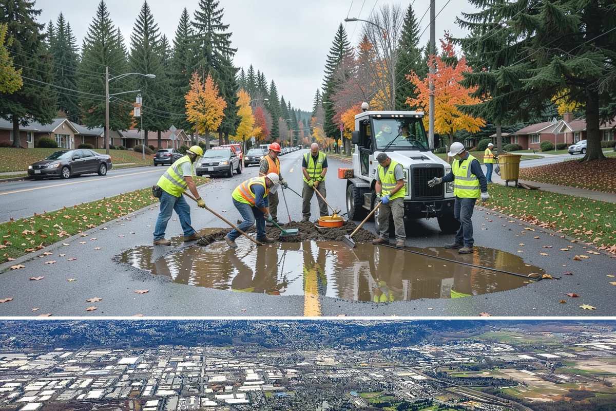 Traffic Cone Deployment in Kent, King County, WA - Cone-based control is used year-round, with reflective collars emphasized through the dark, wet months.
