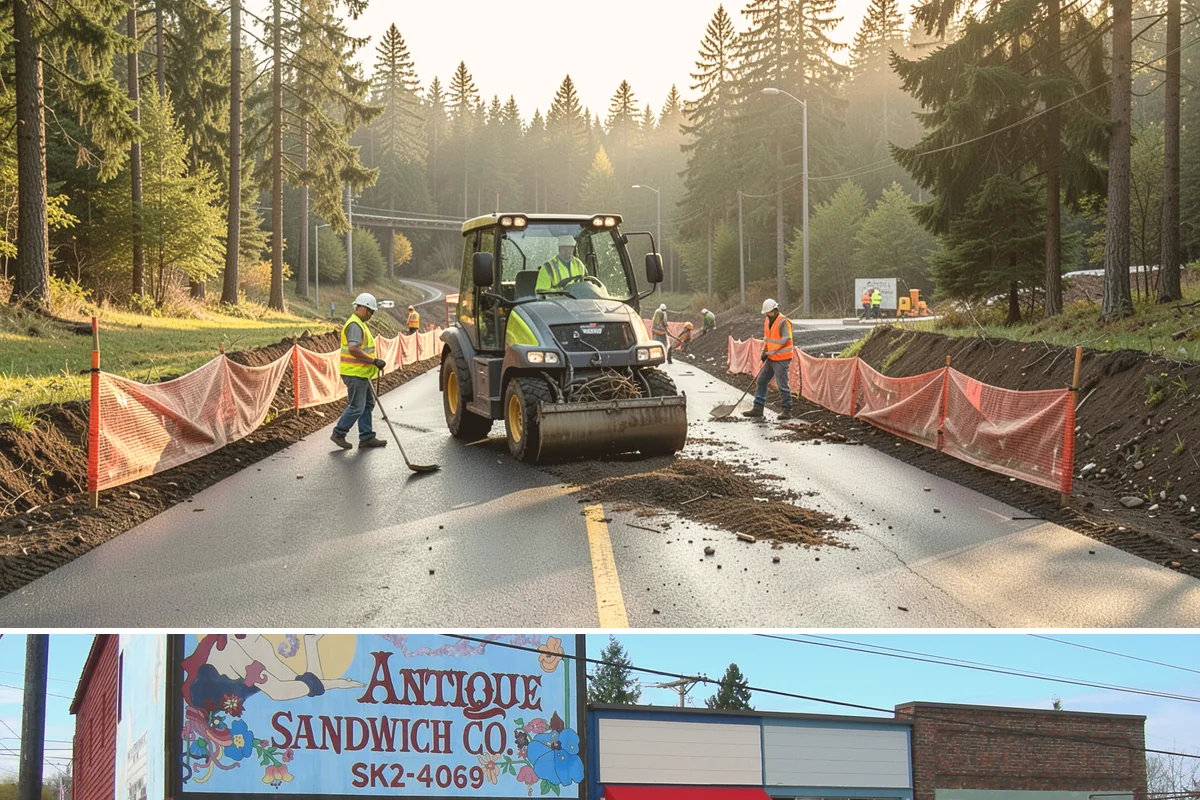 Traffic Cone Deployment in Ruston, Pierce County, WA - Cone-based control is used year-round, with reflective collars emphasized through the dark, wet months.