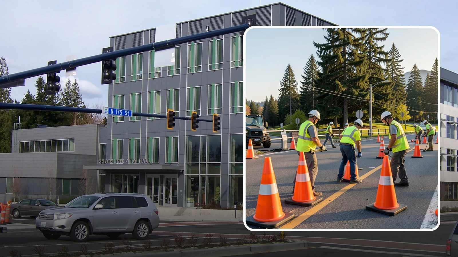Traffic Cone Deployment in Shoreline, King County, WA - Traffic cone and channelizer deployment establishes quick, compliant delineation for short-duration work.