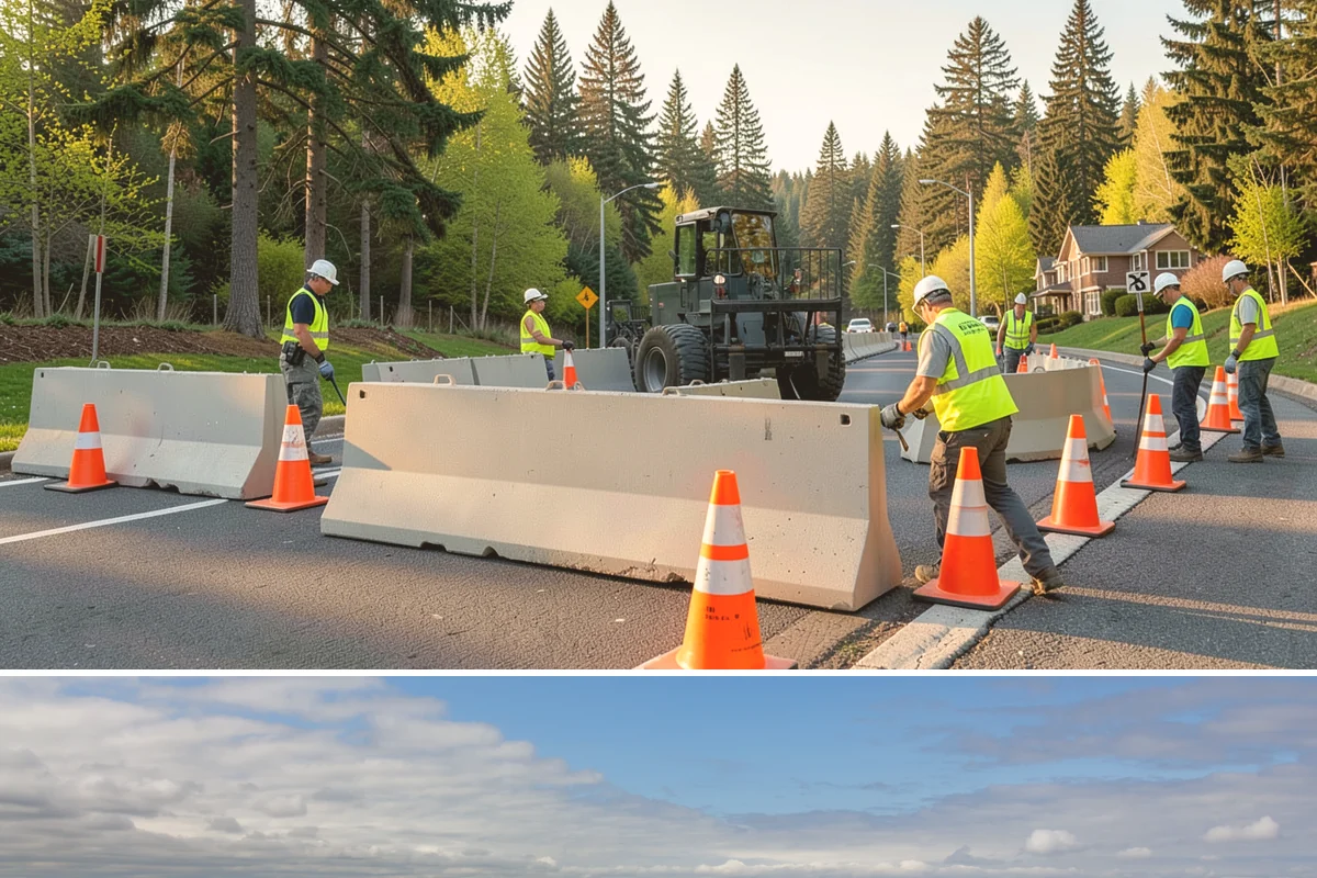 Traffic Cone Deployment in University Place, Pierce County, WA - Cone-based control is used year-round, with reflective collars emphasized through the dark, wet months.