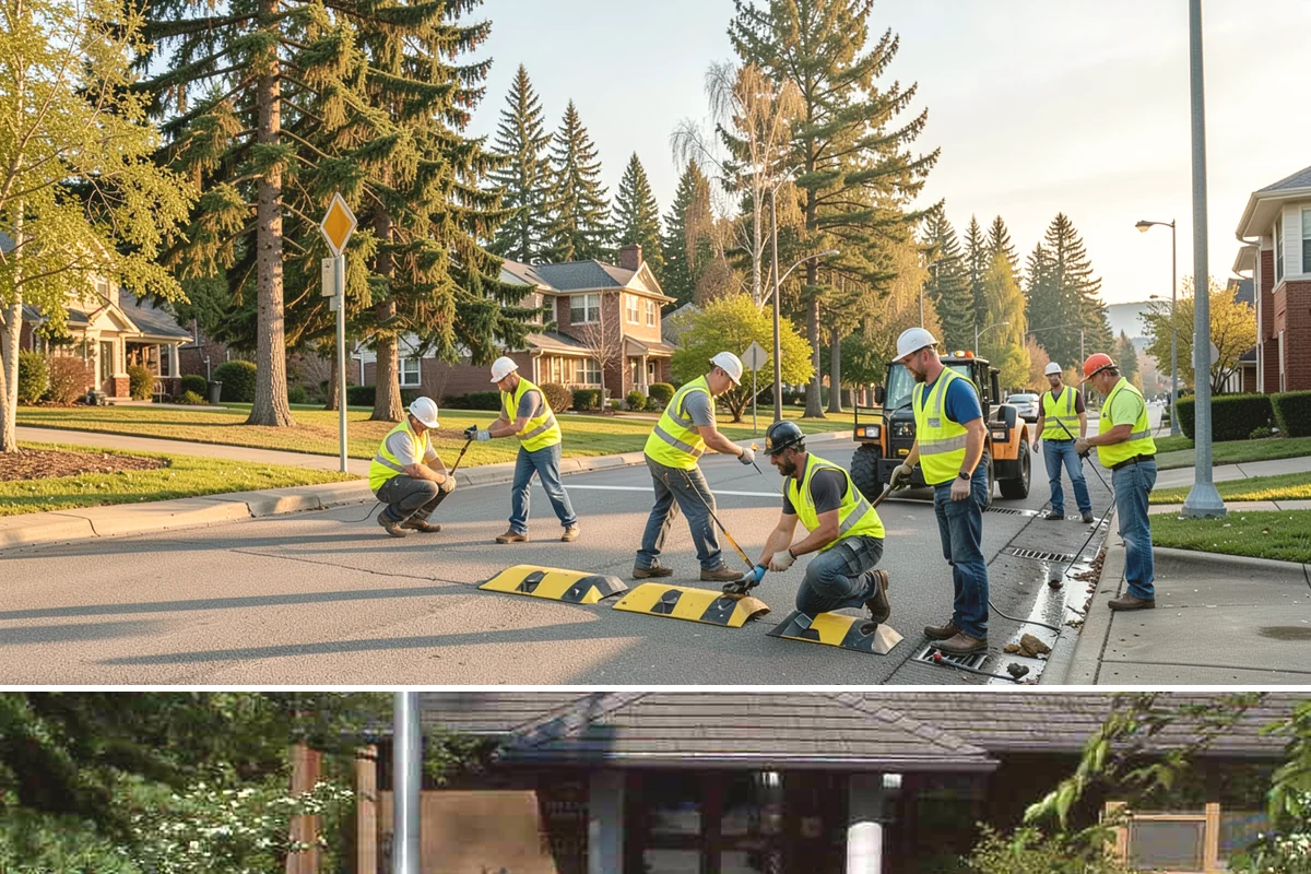 Traffic Cone Deployment in Yarrow Point, King County, WA - Cone-based control is used year-round, with reflective collars emphasized through the dark, wet months.