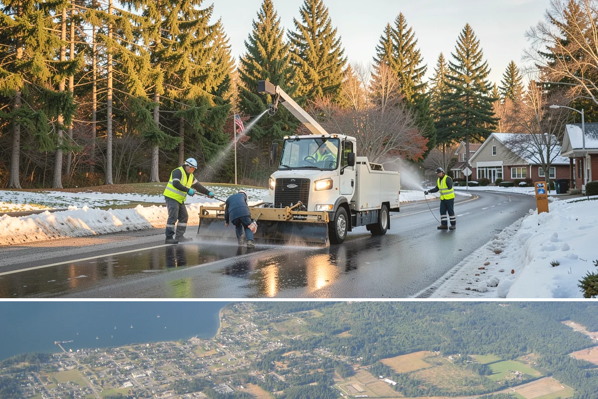 Traffic Sign Maintenance in Coupeville, Island County, WA - Inspection programs often run in fall to ensure reflectivity ahead of the dark, wet winter driving season.