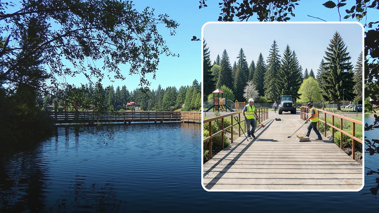Trail Bridge Repairs in Federal Way, King County, WA - We repair pedestrian trail bridges and footbridges to restore safe decking, railings, and structural members.
