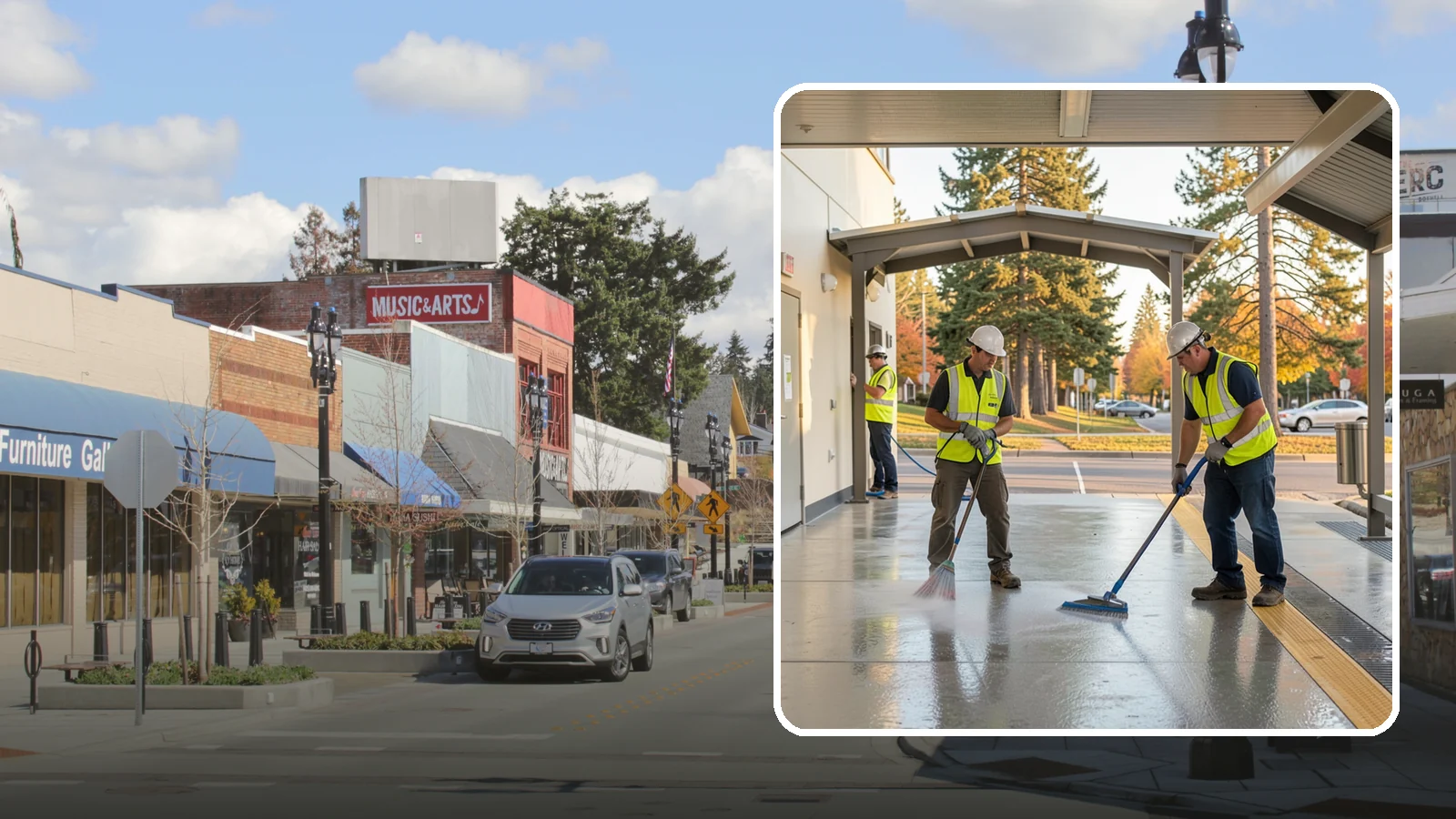 Transit Facility Cleaning in Bothell, King County, WA - We pressure wash transit centers, shelters, and platforms to maintain clean, safe public transportation spaces in Western...