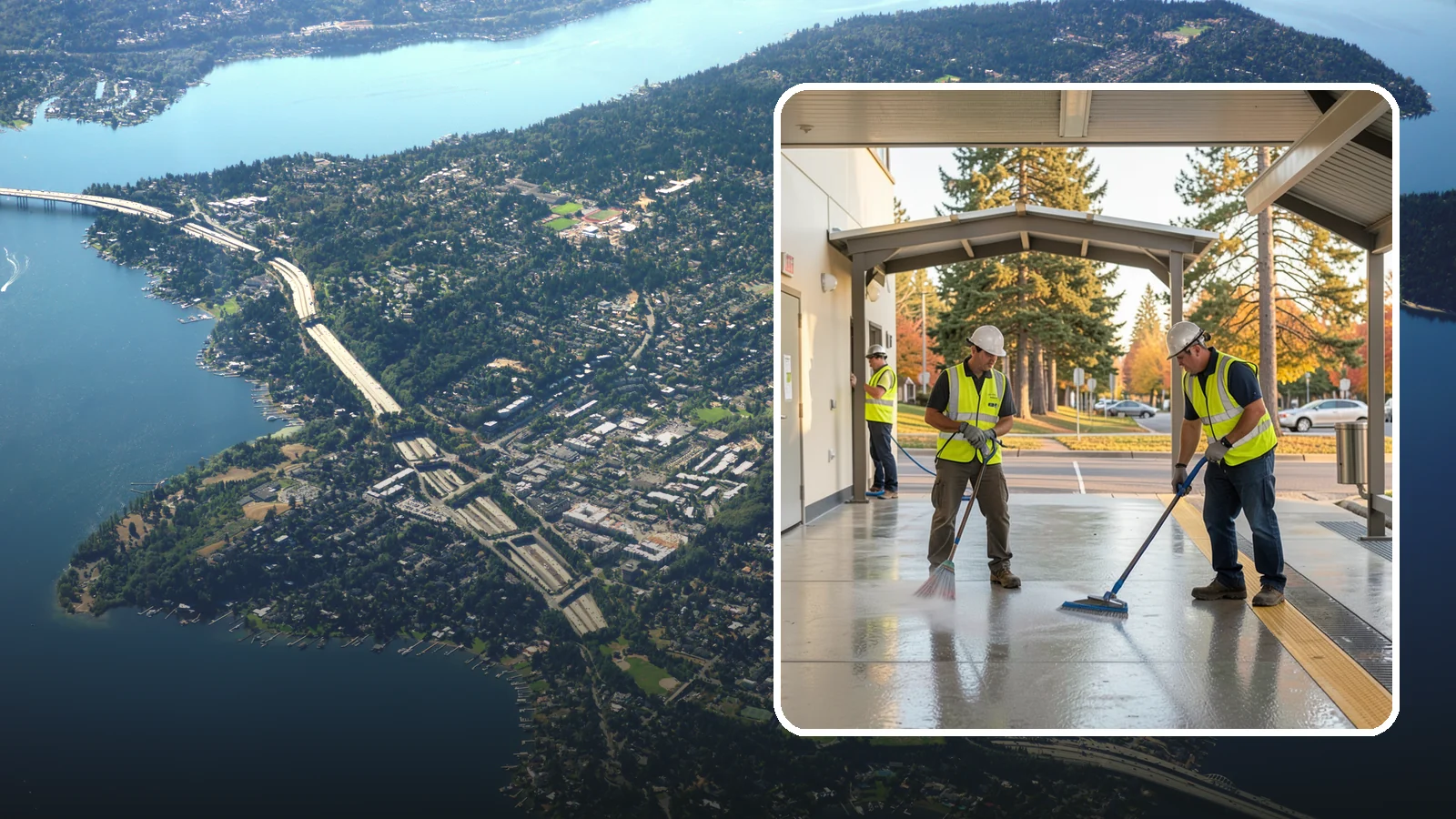 Transit Facility Cleaning in Mercer Island, King County, WA - We pressure wash transit centers, shelters, and platforms to maintain clean, safe public transportation spaces in Western...
