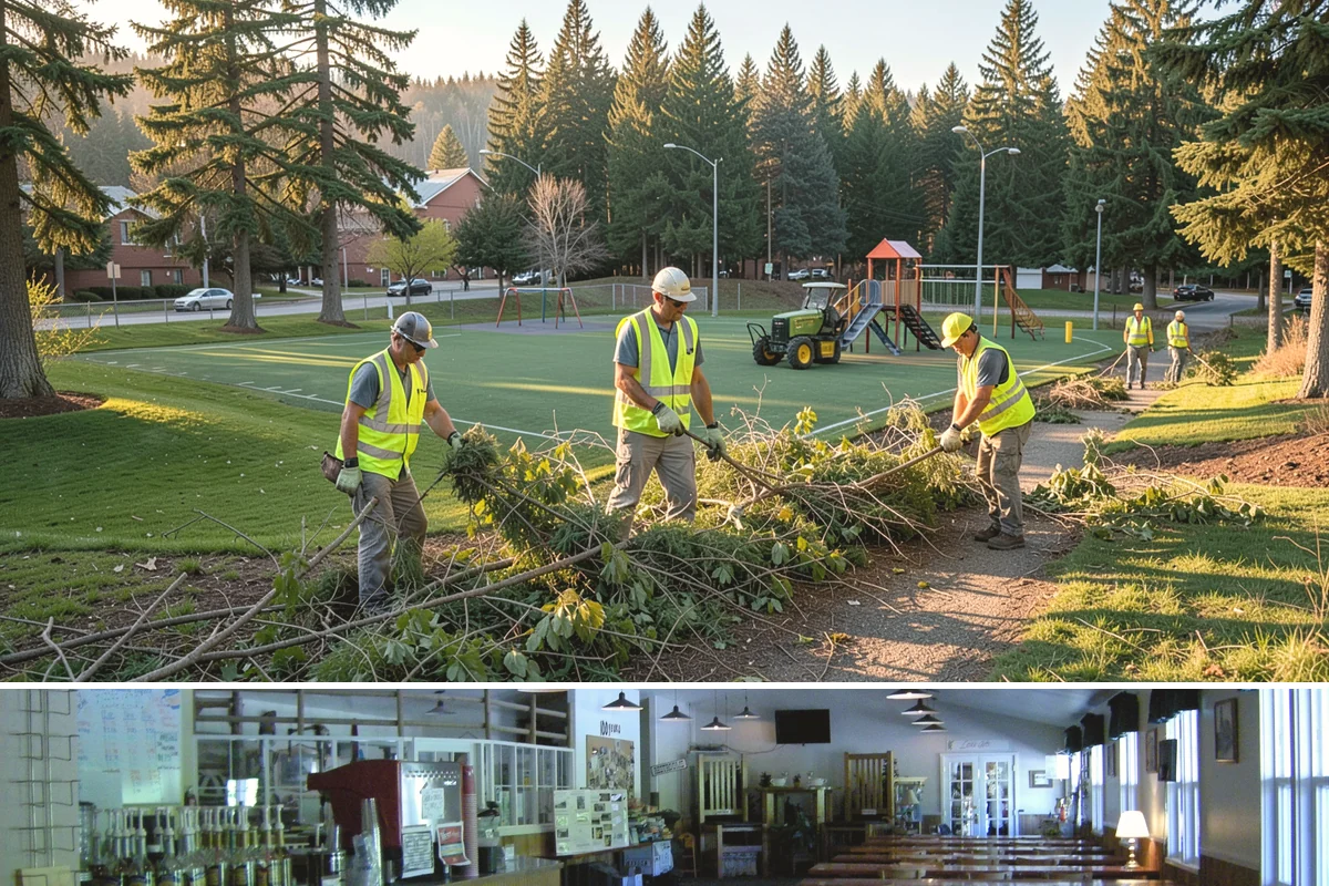 Transit Facility Grounds Maintenance in Black Diamond, King County, WA - Leaf and debris management peak in autumn when falling foliage threatens platform slip hazards and drain blockages.