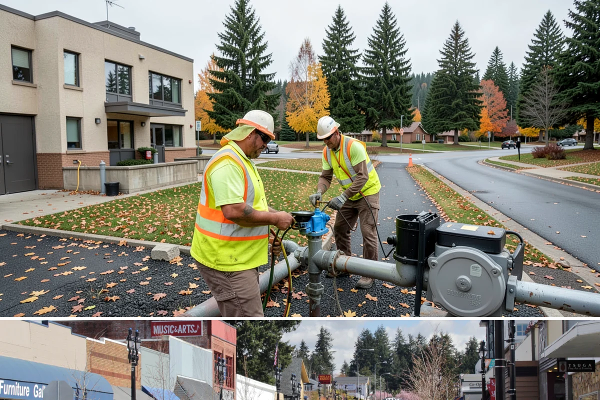 Transit Facility Grounds Maintenance in Bothell, King County, WA - Leaf and debris management peak in autumn when falling foliage threatens platform slip hazards and drain blockages.