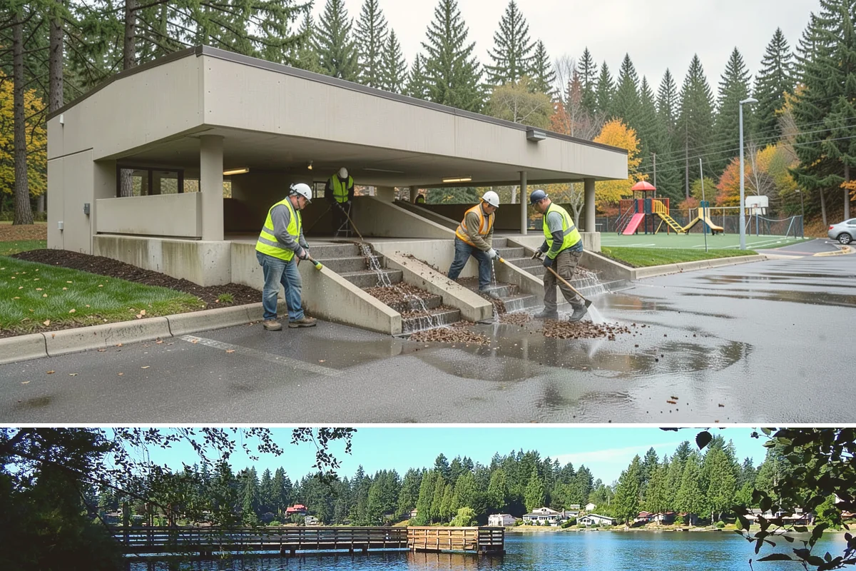 Transit Facility Grounds Maintenance in Federal Way, King County, WA - Leaf and debris management peak in autumn when falling foliage threatens platform slip hazards and drain blockages.